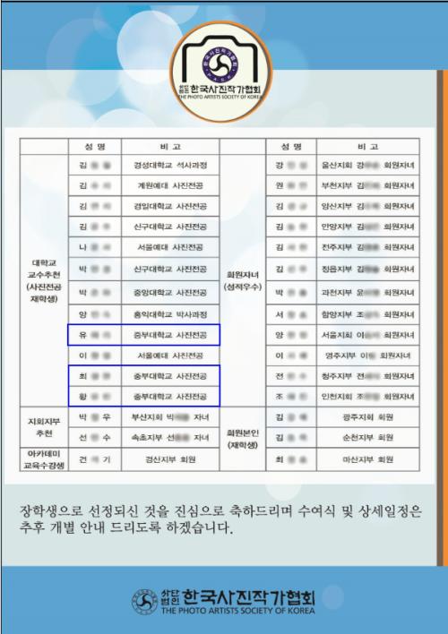 중부대 사진영상학전공, 한국사진작가협회 장학사업 대상자 3명 선정