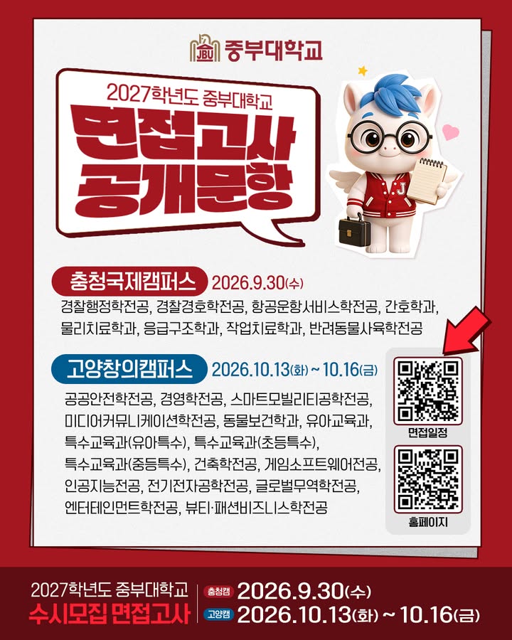 📢 중부대 면접, 뭐가 나올지 궁금하다면?

2027학년도 중부대학교 수시모집 면접고사 공개문항 공개! 👀

면접 준비하면서 “대체 뭘 물어보지?”
“어떤 식으로 답변해야 하지?” 고민했다면 주목‼️

📌 면접 평가요소
✔ 전공에 대한 관심과 열정 50%
✔ 바른 인성 및 가치관 25%
✔ 종합적 사고력 25%

📌 면접 일정
🏫 충청국제캠퍼스 : 2026.09.30.(수)
🏫 고양창의캠퍼스 : 2026.10.13.(화) ~ 10.16.(금)

공개문항은 지원 모집단위별 2개 중 1개를 선택해 준비하면 되고, 실제 면접에서는 공개문항 외에도 비공개 질문과 학과 관련 질문이 함께 출제될 수 있습니다.

특히 모집단위별로 전공 특성에 맞춘 질문이 준비되어 있으니
내가 지원한 학과의 문항부터 꼼꼼하게 확인해 보세요!

👉 자세한 공개문항과 면접 일정은 QR을 통해 확인해보세요!
중부대 면접 준비, 지금부터 차근차근! 🔥

#중부대학교 #중부대 #2027학년도수시 #수시모집 #면접고사 #대학면접 #면접준비 #면접꿀팁